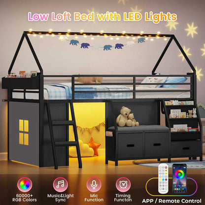 ADORNEVE Loft Bed Twin Size with Bookshelf Reading Nook and 3 Drawers LED Kids Loft Bed with Play Curtain and Safety Guardrail