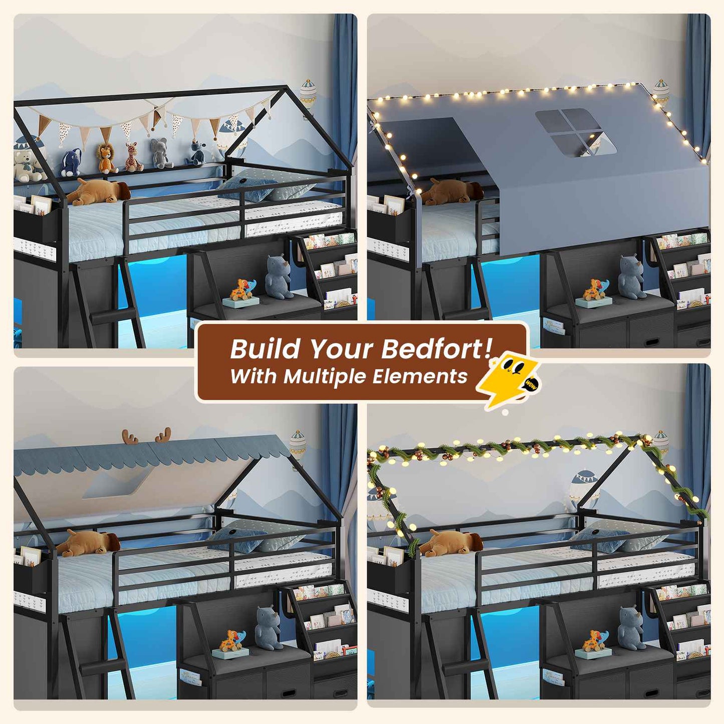 ADORNEVE Loft Bed Twin Size with Bookshelf Reading Nook and 3 Drawers LED Kids Loft Bed with Play Curtain and Safety Guardrail