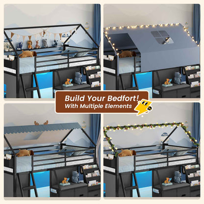 ADORNEVE Loft Bed Twin Size with Bookshelf Reading Nook and 3 Drawers LED Kids Loft Bed with Play Curtain and Safety Guardrail