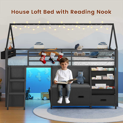 ADORNEVE Loft Bed Twin Size with Bookshelf Reading Nook and 3 Drawers LED Kids Loft Bed with Play Curtain and Safety Guardrail