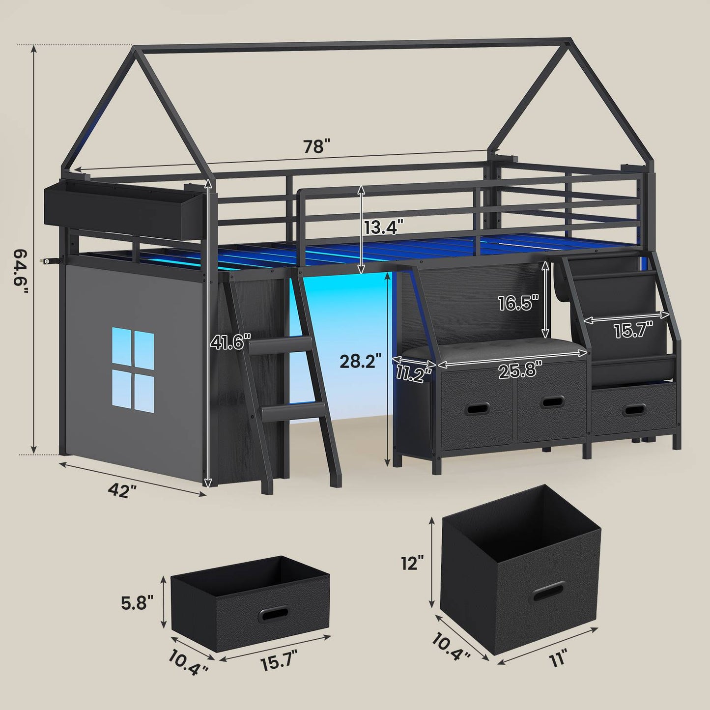 ADORNEVE Loft Bed Twin Size with Bookshelf Reading Nook and 3 Drawers LED Kids Loft Bed with Play Curtain and Safety Guardrail
