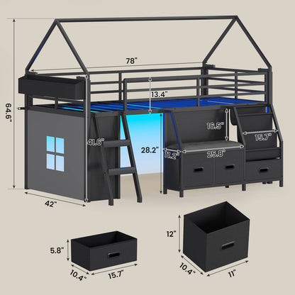 ADORNEVE Loft Bed Twin Size with Bookshelf Reading Nook and 3 Drawers LED Kids Loft Bed with Play Curtain and Safety Guardrail