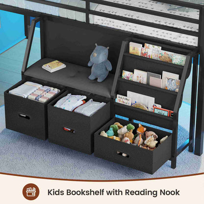 ADORNEVE Loft Bed Twin Size with Bookshelf Reading Nook and 3 Drawers LED Kids Loft Bed with Play Curtain and Safety Guardrail