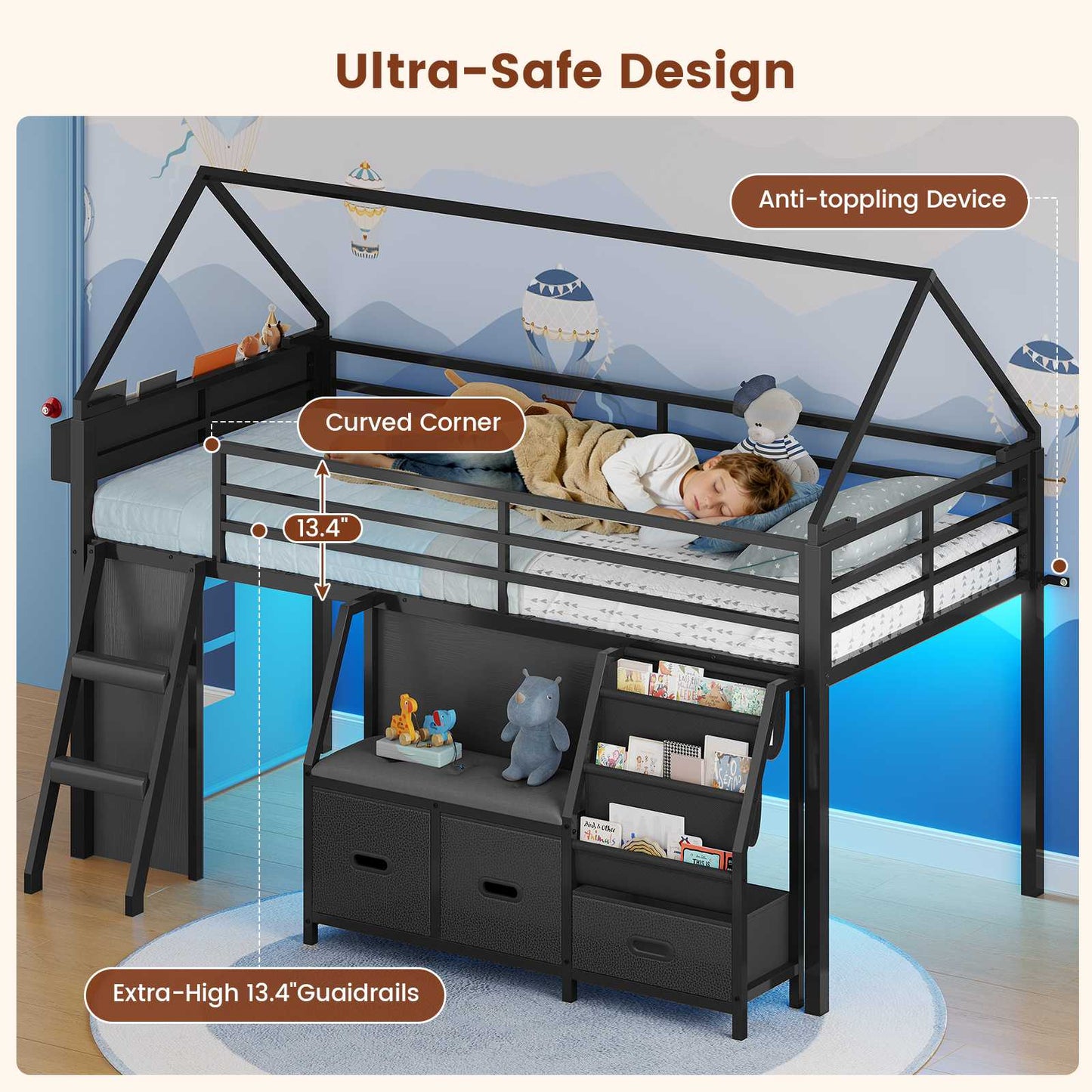 ADORNEVE Loft Bed Twin Size with Bookshelf Reading Nook and 3 Drawers LED Kids Loft Bed with Play Curtain and Safety Guardrail