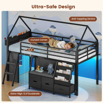ADORNEVE Loft Bed Twin Size with Bookshelf Reading Nook and 3 Drawers LED Kids Loft Bed with Play Curtain and Safety Guardrail