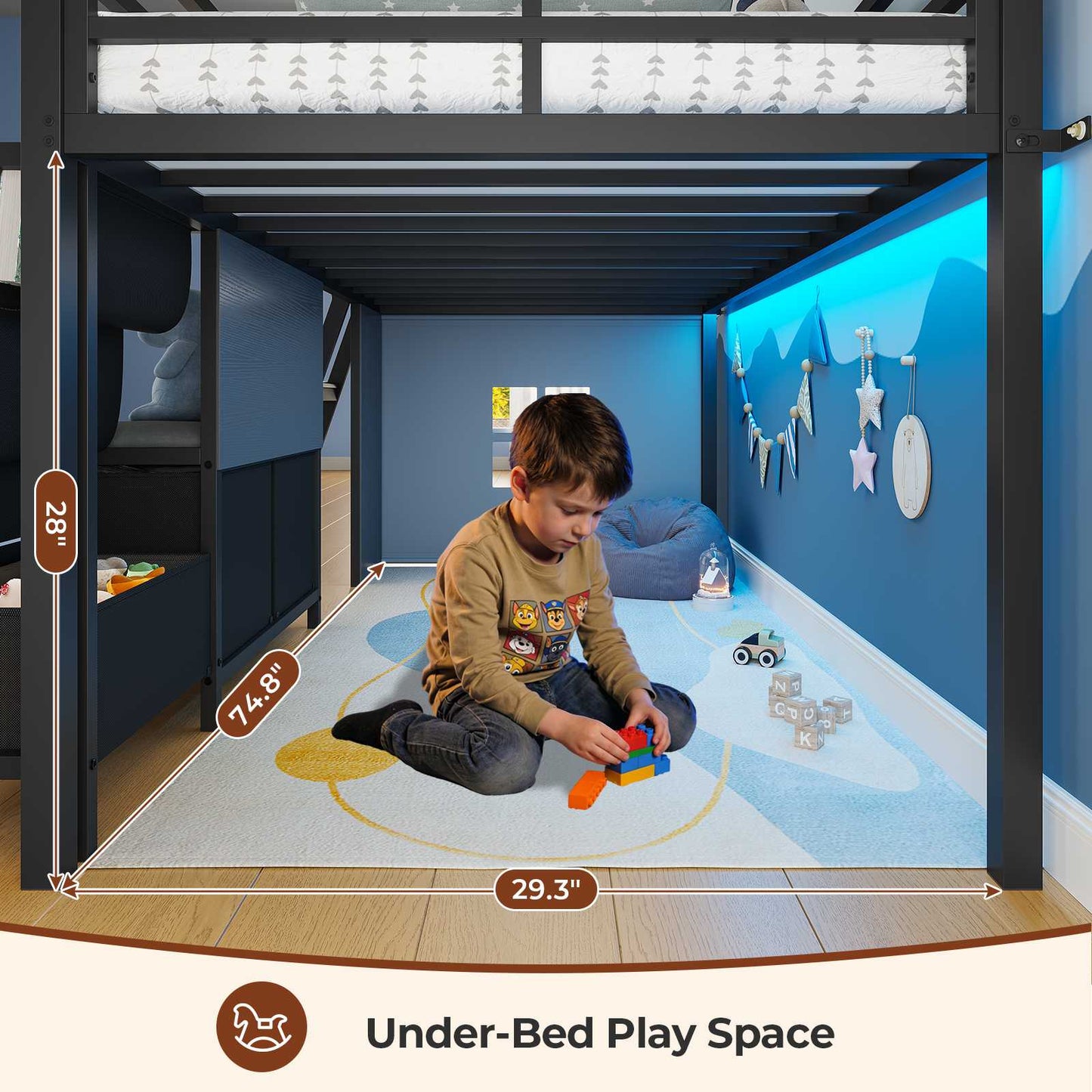 ADORNEVE Loft Bed Twin Size with Bookshelf Reading Nook and 3 Drawers LED Kids Loft Bed with Play Curtain and Safety Guardrail