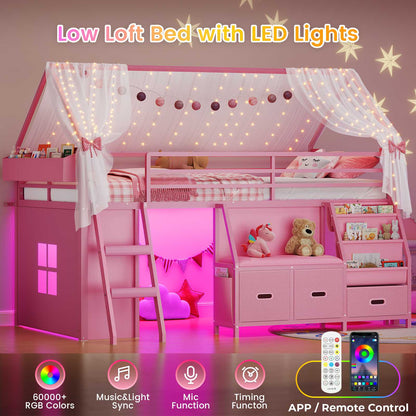 ADORNEVE Loft Bed Twin Size with Bookshelf Reading Nook and 3 Drawers LED Kids Loft Bed with Play Curtain and Safety Guardrail