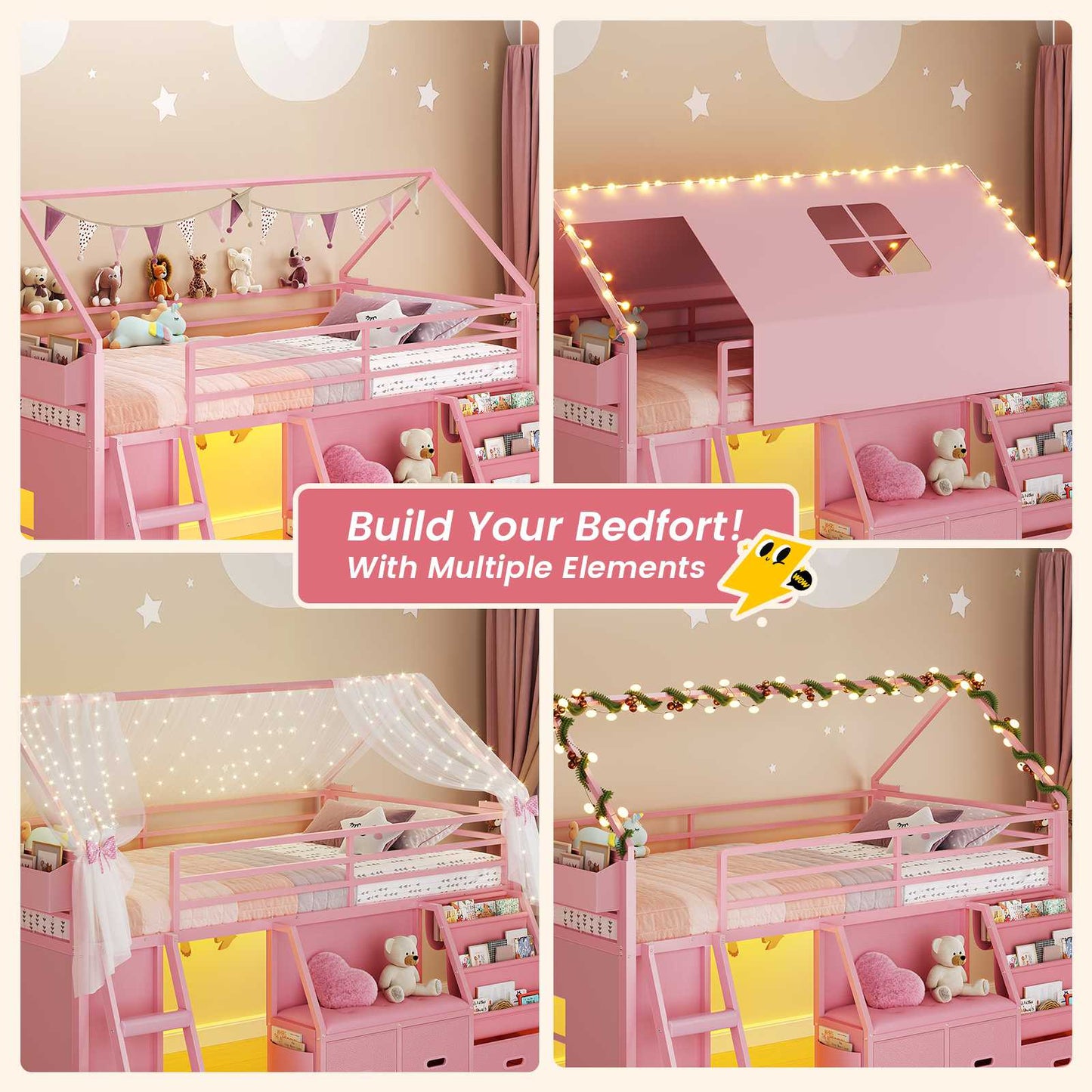 ADORNEVE Loft Bed Twin Size with Bookshelf Reading Nook and 3 Drawers LED Kids Loft Bed with Play Curtain and Safety Guardrail