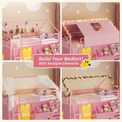 ADORNEVE Loft Bed Twin Size with Bookshelf Reading Nook and 3 Drawers LED Kids Loft Bed with Play Curtain and Safety Guardrail