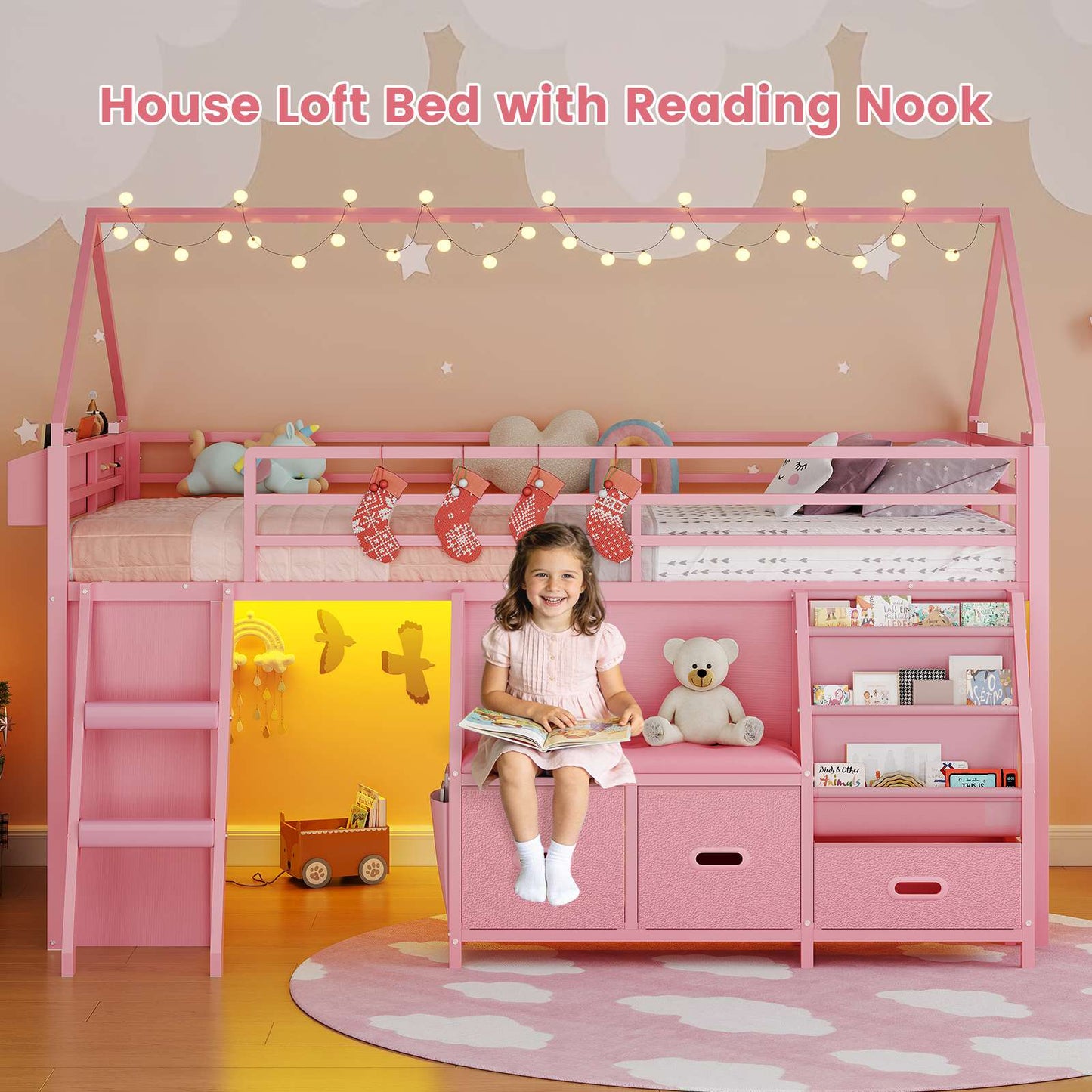 ADORNEVE Loft Bed Twin Size with Bookshelf Reading Nook and 3 Drawers LED Kids Loft Bed with Play Curtain and Safety Guardrail