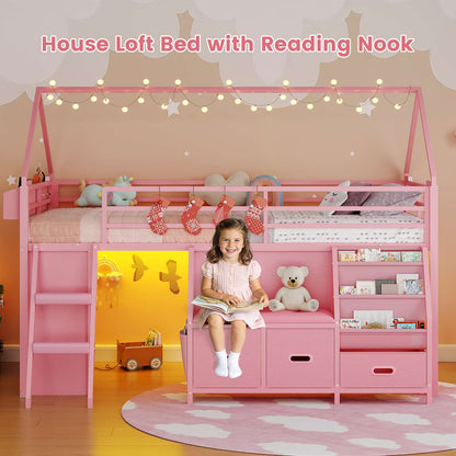 ADORNEVE Loft Bed Twin Size with Bookshelf Reading Nook and 3 Drawers LED Kids Loft Bed with Play Curtain and Safety Guardrail