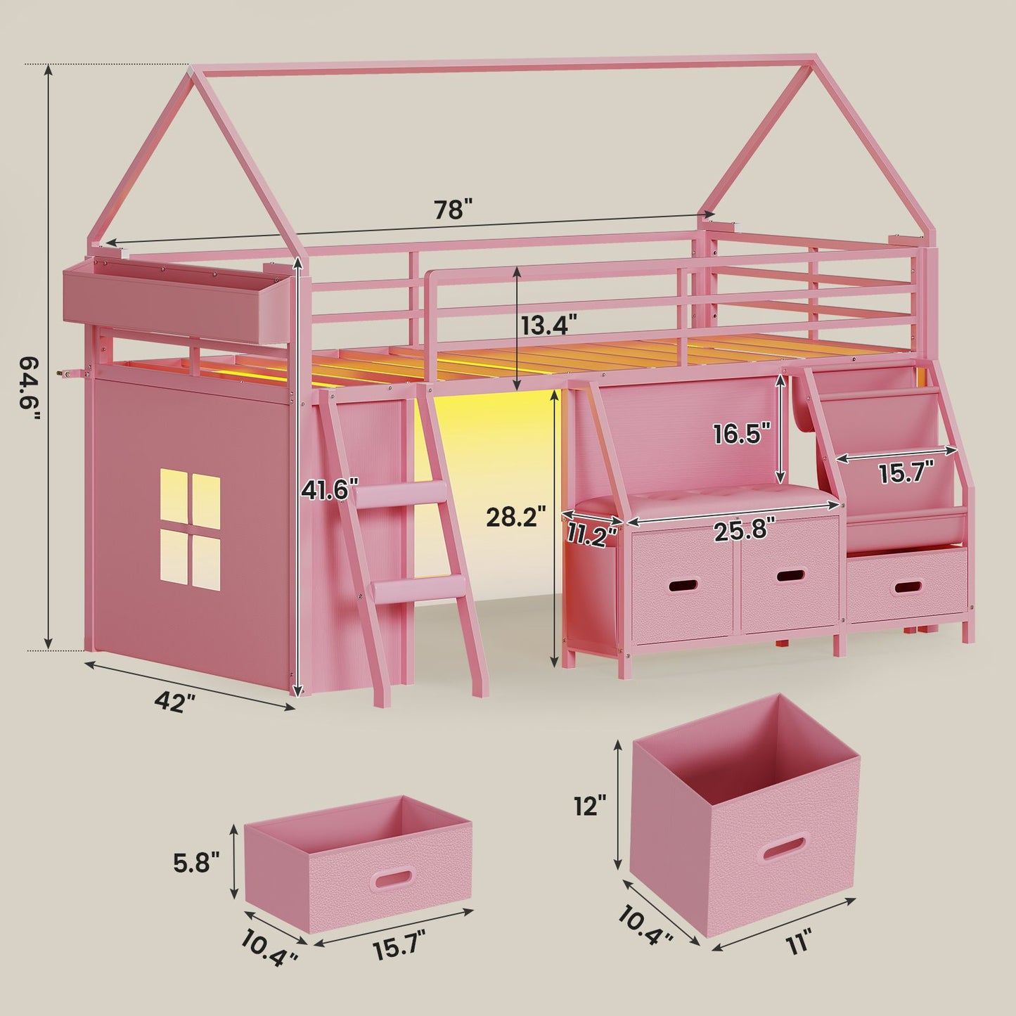 ADORNEVE Loft Bed Twin Size with Bookshelf Reading Nook and 3 Drawers LED Kids Loft Bed with Play Curtain and Safety Guardrail