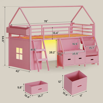 ADORNEVE Loft Bed Twin Size with Bookshelf Reading Nook and 3 Drawers LED Kids Loft Bed with Play Curtain and Safety Guardrail
