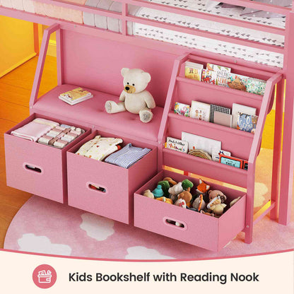 ADORNEVE Loft Bed Twin Size with Bookshelf Reading Nook and 3 Drawers LED Kids Loft Bed with Play Curtain and Safety Guardrail