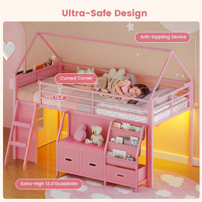 ADORNEVE Loft Bed Twin Size with Bookshelf Reading Nook and 3 Drawers LED Kids Loft Bed with Play Curtain and Safety Guardrail