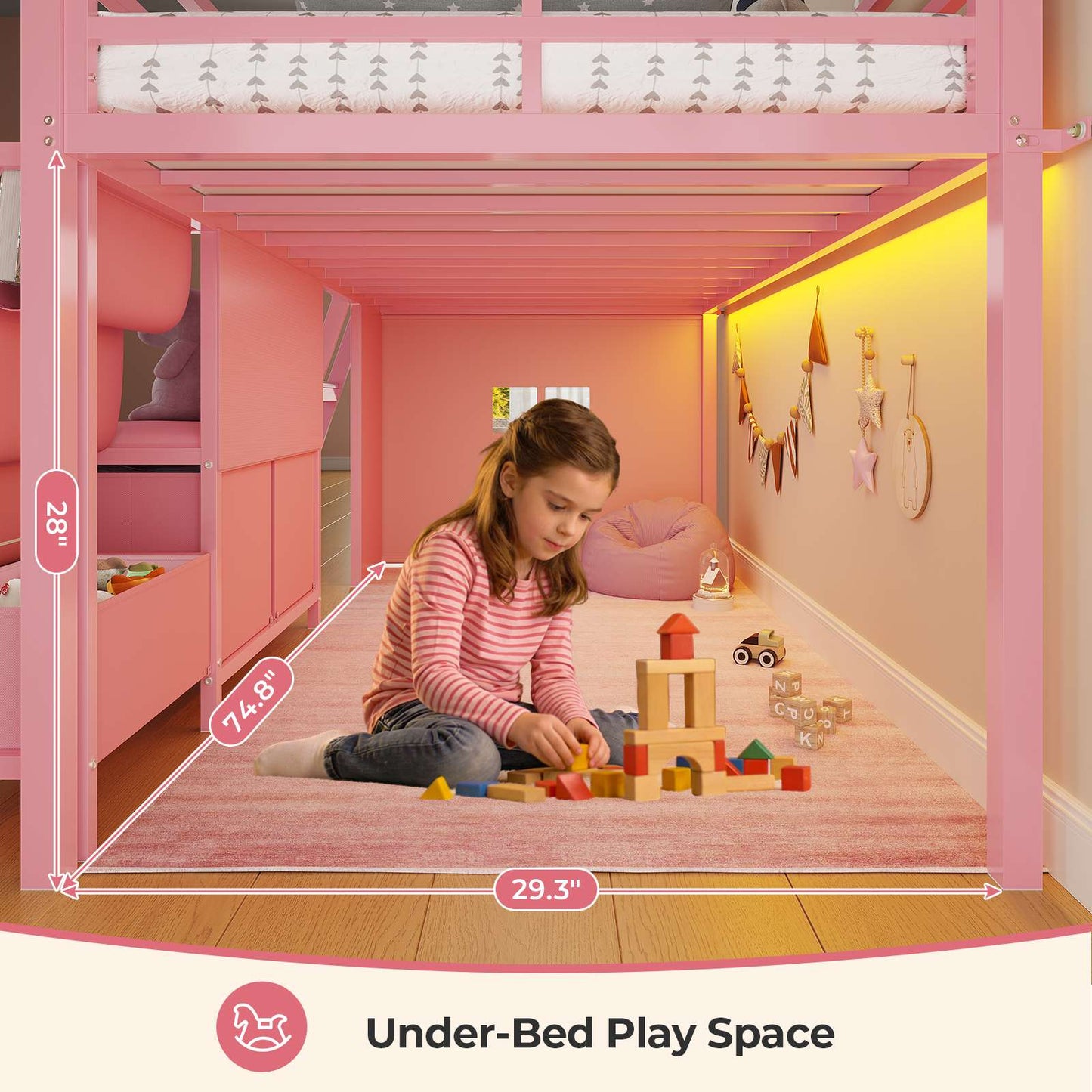 ADORNEVE Loft Bed Twin Size with Bookshelf Reading Nook and 3 Drawers LED Kids Loft Bed with Play Curtain and Safety Guardrail