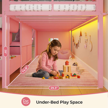 ADORNEVE Loft Bed Twin Size with Bookshelf Reading Nook and 3 Drawers LED Kids Loft Bed with Play Curtain and Safety Guardrail