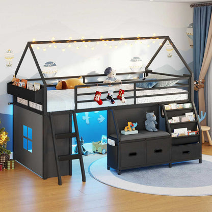 ADORNEVE Loft Bed Twin Size with Bookshelf Reading Nook and 3 Drawers LED Kids Loft Bed with Play Curtain and Safety Guardrail