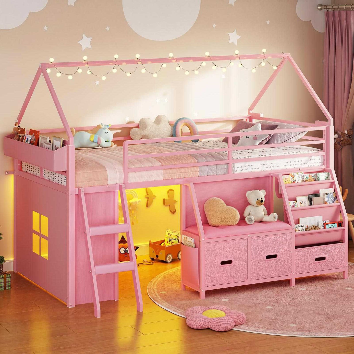 ADORNEVE Loft Bed Twin Size with Bookshelf Reading Nook and 3 Drawers LED Kids Loft Bed with Play Curtain and Safety Guardrail