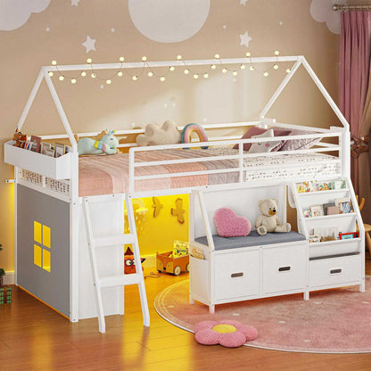 ADORNEVE Loft Bed Twin Size with Bookshelf Reading Nook and 3 Drawers LED Kids Loft Bed with Play Curtain and Safety Guardrail
