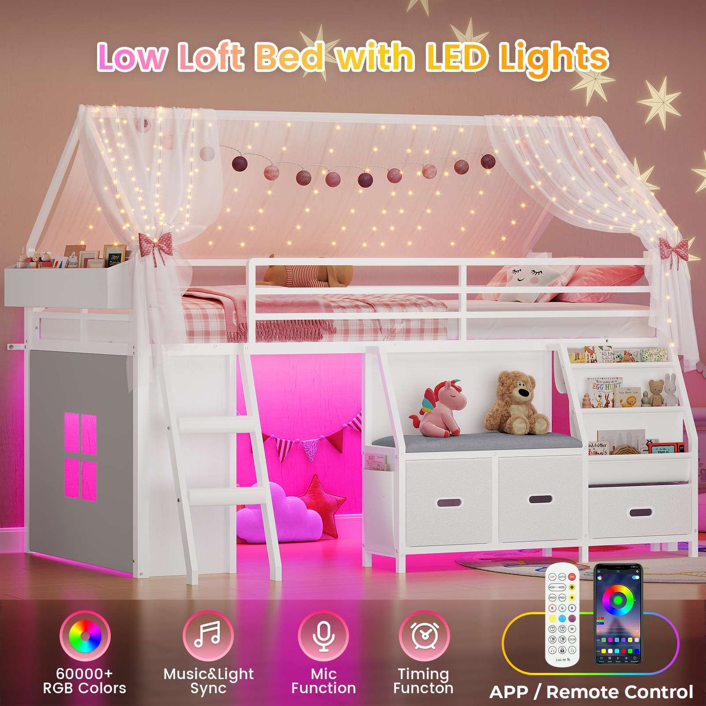 ADORNEVE Loft Bed Twin Size with Bookshelf Reading Nook and 3 Drawers LED Kids Loft Bed with Play Curtain and Safety Guardrail