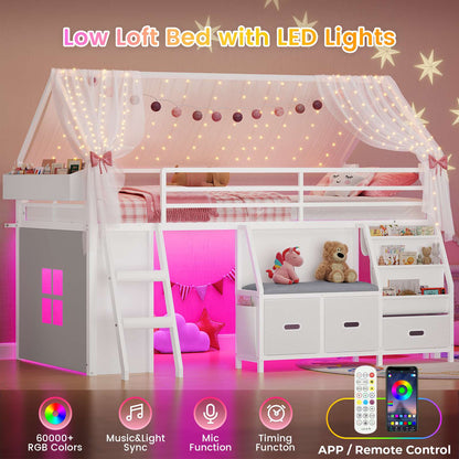 ADORNEVE Loft Bed Twin Size with Bookshelf Reading Nook and 3 Drawers LED Kids Loft Bed with Play Curtain and Safety Guardrail