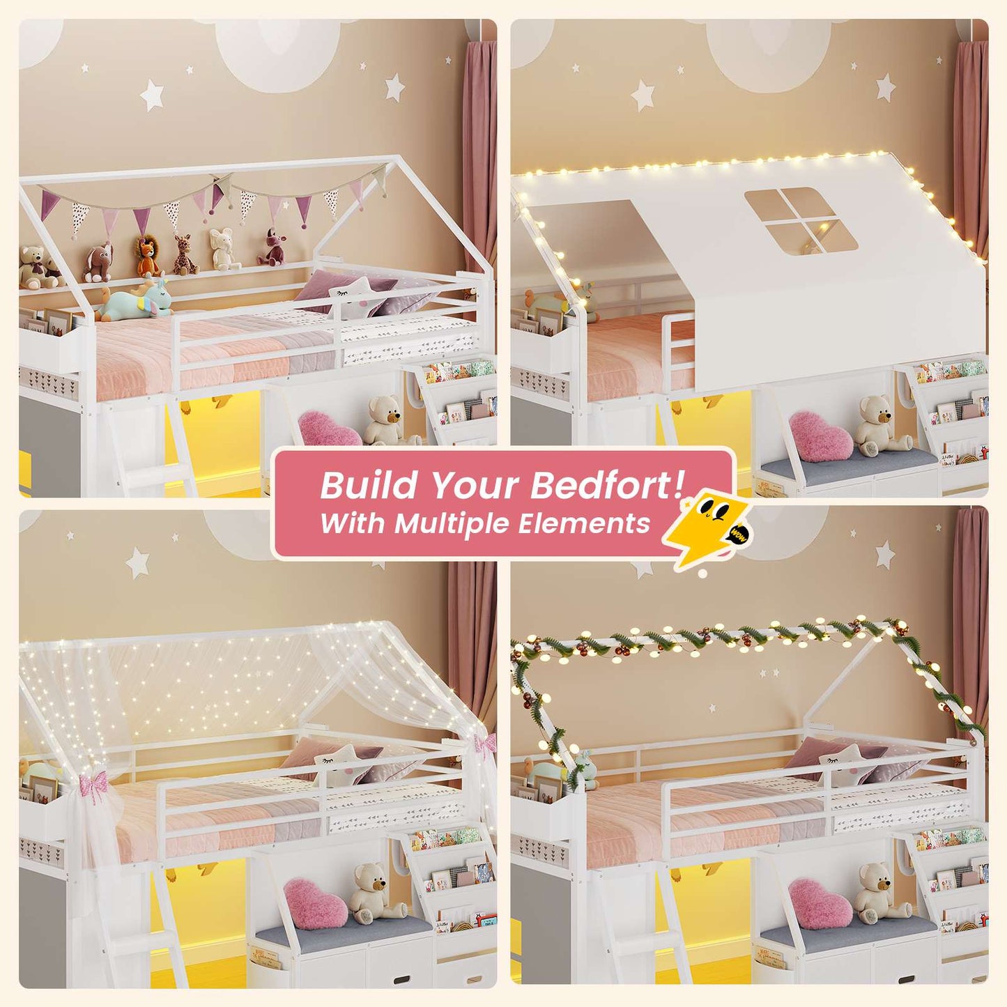 ADORNEVE Loft Bed Twin Size with Bookshelf Reading Nook and 3 Drawers LED Kids Loft Bed with Play Curtain and Safety Guardrail
