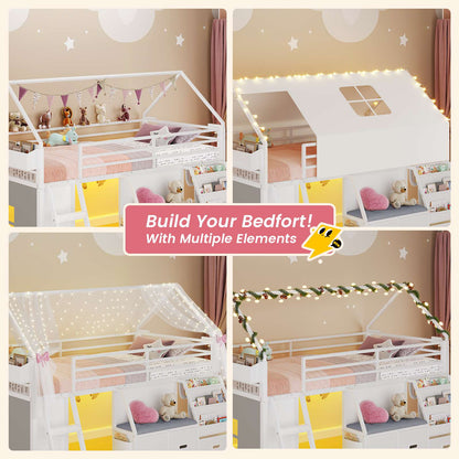ADORNEVE Loft Bed Twin Size with Bookshelf Reading Nook and 3 Drawers LED Kids Loft Bed with Play Curtain and Safety Guardrail