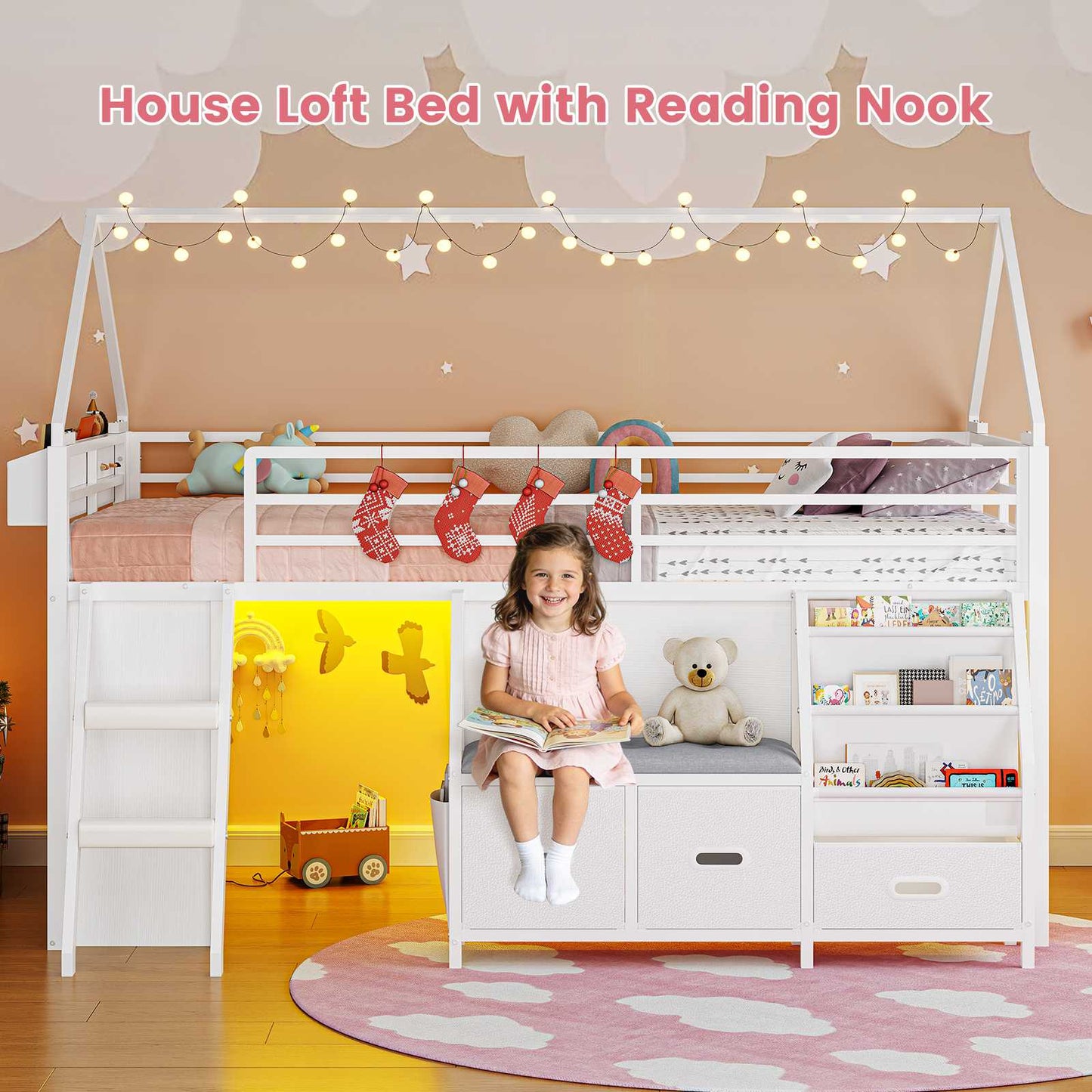 ADORNEVE Loft Bed Twin Size with Bookshelf Reading Nook and 3 Drawers LED Kids Loft Bed with Play Curtain and Safety Guardrail