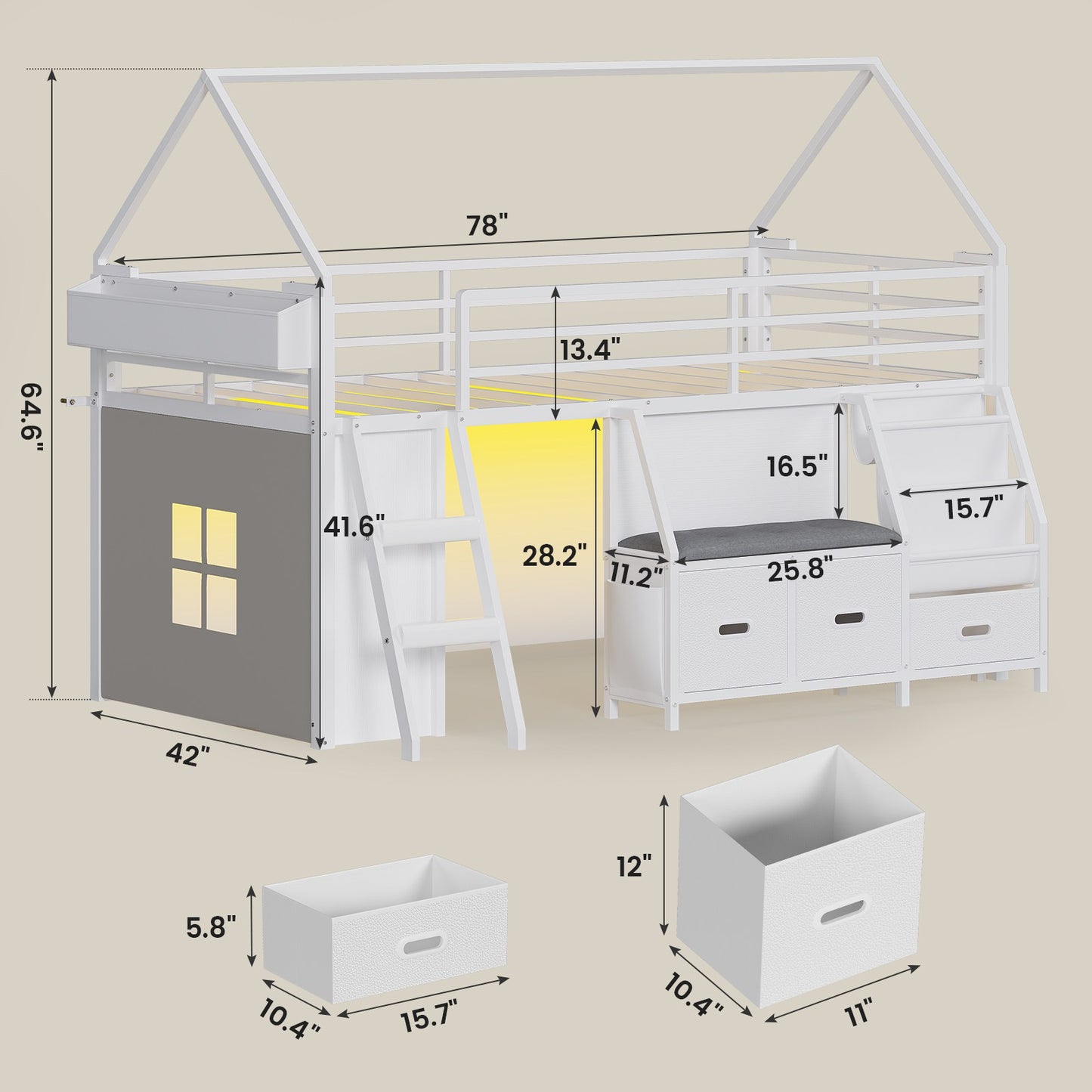 ADORNEVE Loft Bed Twin Size with Bookshelf Reading Nook and 3 Drawers LED Kids Loft Bed with Play Curtain and Safety Guardrail