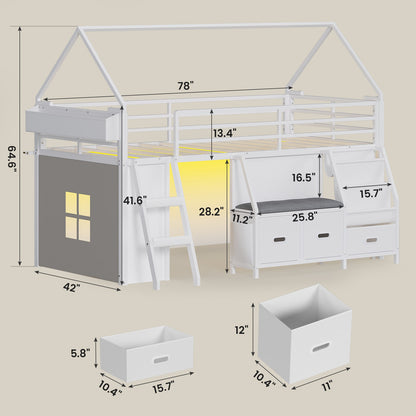 ADORNEVE Loft Bed Twin Size with Bookshelf Reading Nook and 3 Drawers LED Kids Loft Bed with Play Curtain and Safety Guardrail