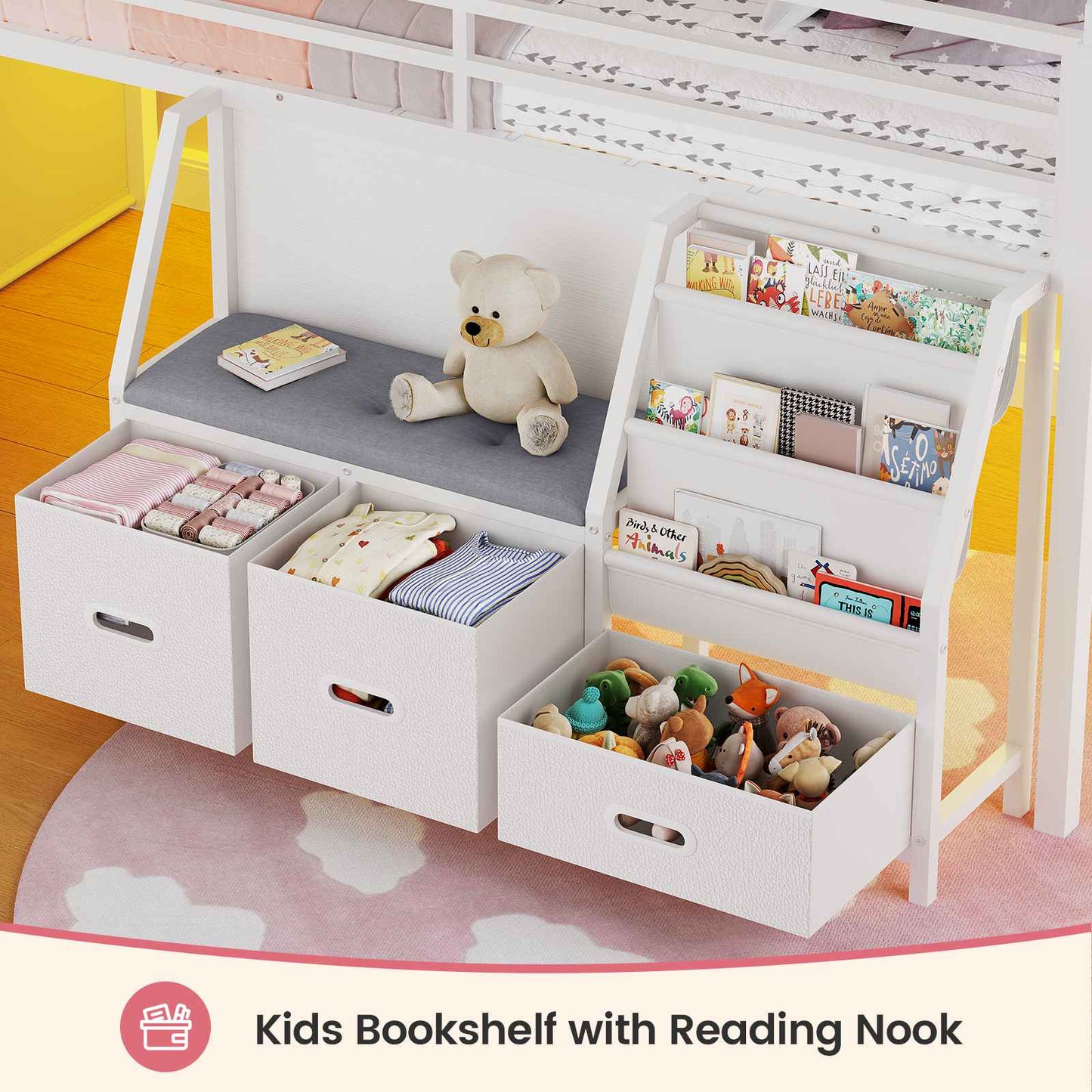 ADORNEVE Loft Bed Twin Size with Bookshelf Reading Nook and 3 Drawers LED Kids Loft Bed with Play Curtain and Safety Guardrail
