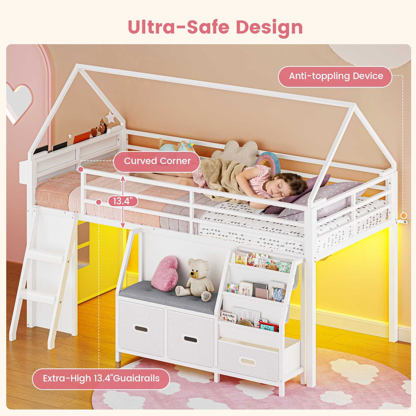 ADORNEVE Loft Bed Twin Size with Bookshelf Reading Nook and 3 Drawers LED Kids Loft Bed with Play Curtain and Safety Guardrail