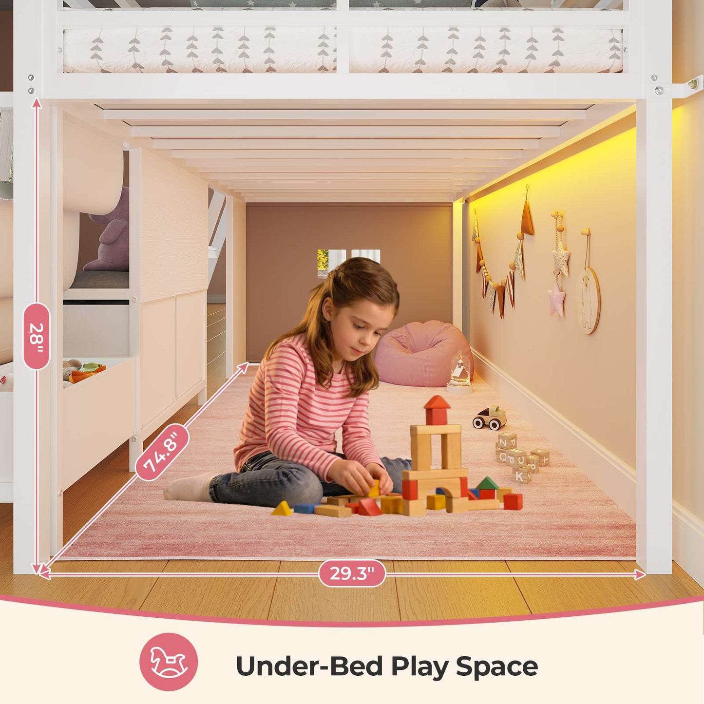 ADORNEVE Loft Bed Twin Size with Bookshelf Reading Nook and 3 Drawers LED Kids Loft Bed with Play Curtain and Safety Guardrail