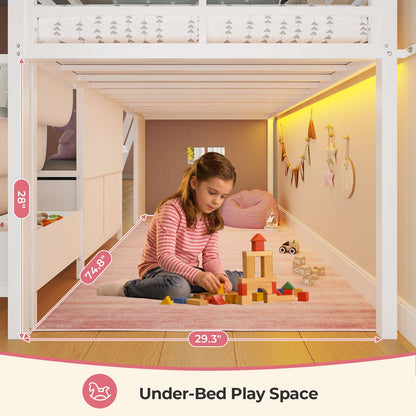 ADORNEVE Loft Bed Twin Size with Bookshelf Reading Nook and 3 Drawers LED Kids Loft Bed with Play Curtain and Safety Guardrail