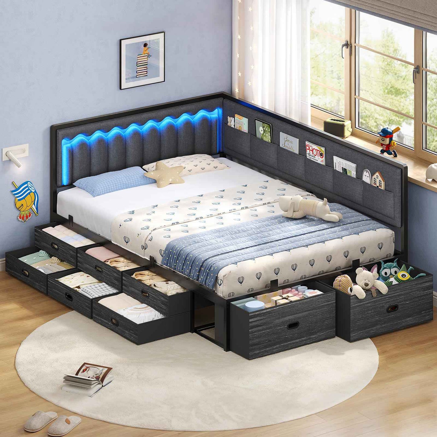 ADORNEVE Full Corner Bed Frame with 8 Drawers and 6 Storage Kids Teen Daybed with RGB Lights and L-Shaped Upholstered Guardrail