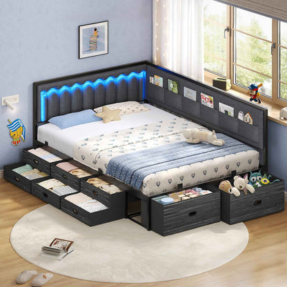 ADORNEVE Full Corner Bed Frame with 8 Drawers and 6 Storage Kids Teen Daybed with RGB Lights and L-Shaped Upholstered Guardrail
