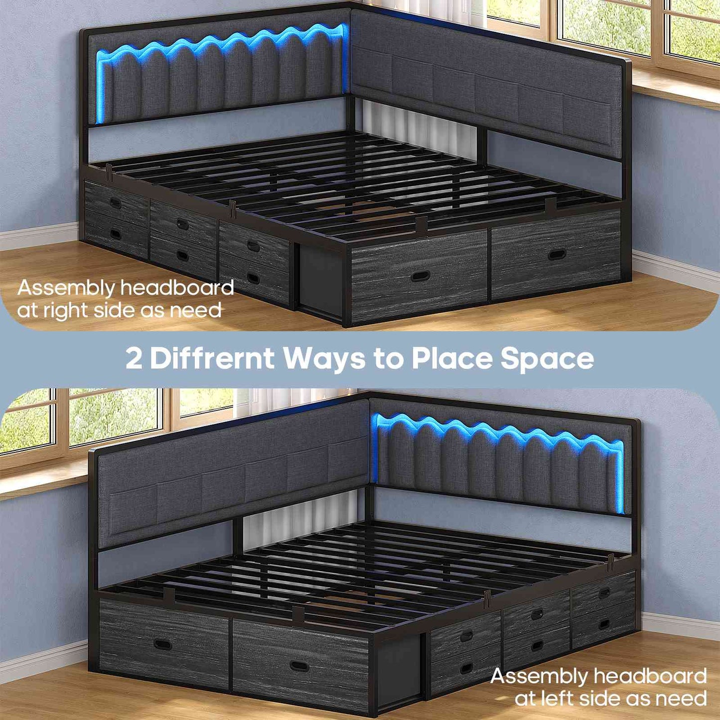 ADORNEVE Full Corner Bed Frame with 8 Drawers and 6 Storage Kids Teen Daybed with RGB Lights and L-Shaped Upholstered Guardrail