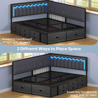 ADORNEVE Full Corner Bed Frame with 8 Drawers and 6 Storage Kids Teen Daybed with RGB Lights and L-Shaped Upholstered Guardrail