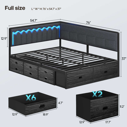 ADORNEVE Full Corner Bed Frame with 8 Drawers and 6 Storage Kids Teen Daybed with RGB Lights and L-Shaped Upholstered Guardrail