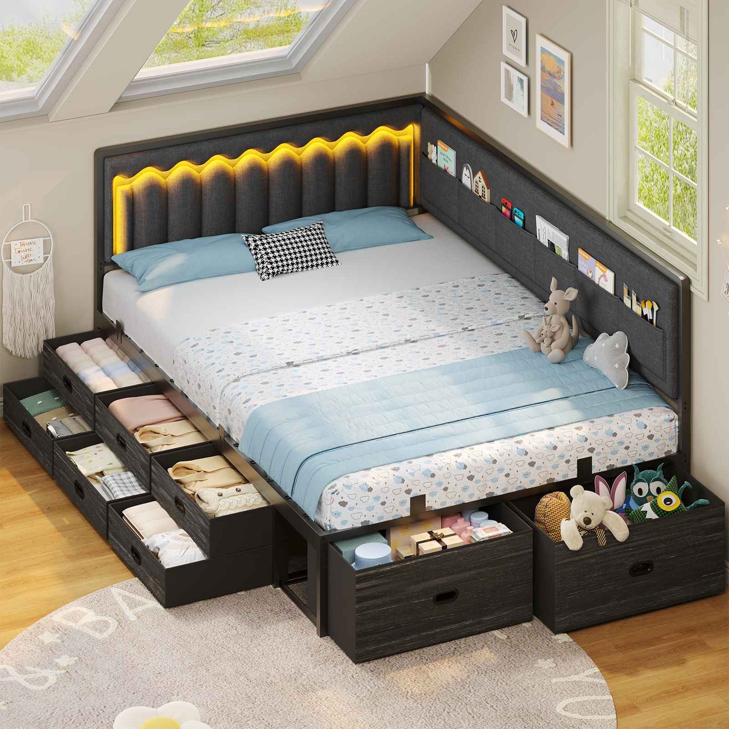 ADORNEVE Full Corner Bed Frame with 8 Drawers and 6 Storage Kids Teen Daybed with RGB Lights and L-Shaped Upholstered Guardrail