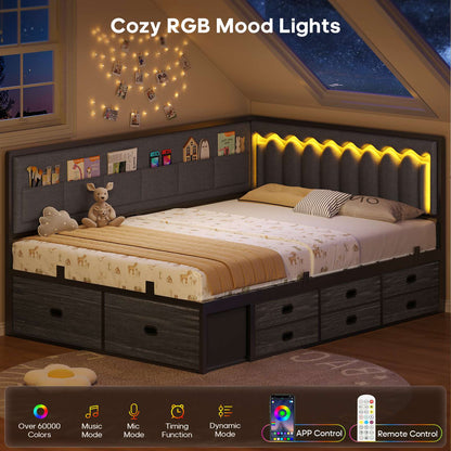 ADORNEVE Full Corner Bed Frame with 8 Drawers and 6 Storage Kids Teen Daybed with RGB Lights and L-Shaped Upholstered Guardrail