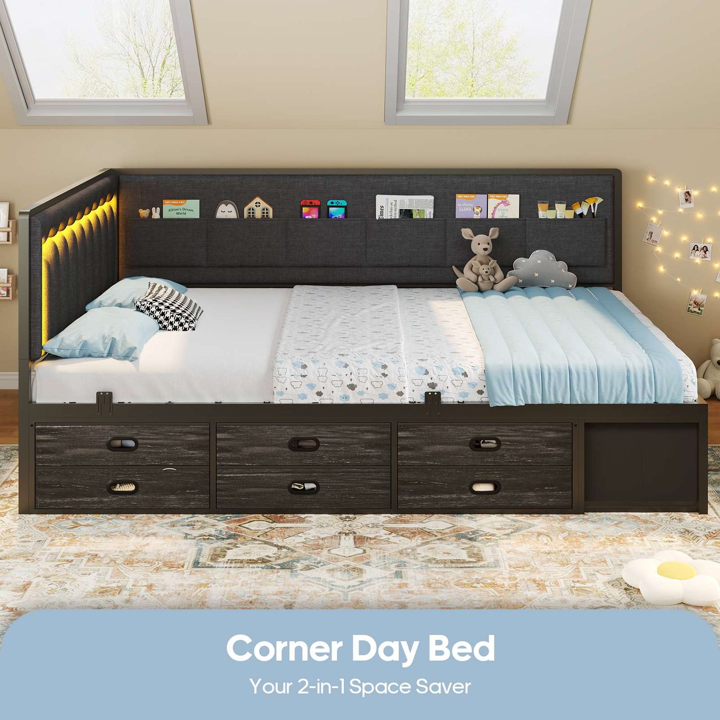 ADORNEVE Full Corner Bed Frame with 8 Drawers and 6 Storage Kids Teen Daybed with RGB Lights and L-Shaped Upholstered Guardrail