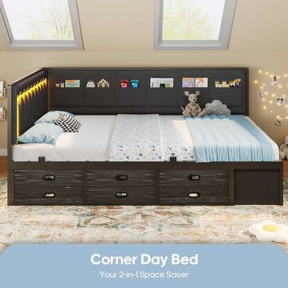 ADORNEVE Full Corner Bed Frame with 8 Drawers and 6 Storage Kids Teen Daybed with RGB Lights and L-Shaped Upholstered Guardrail