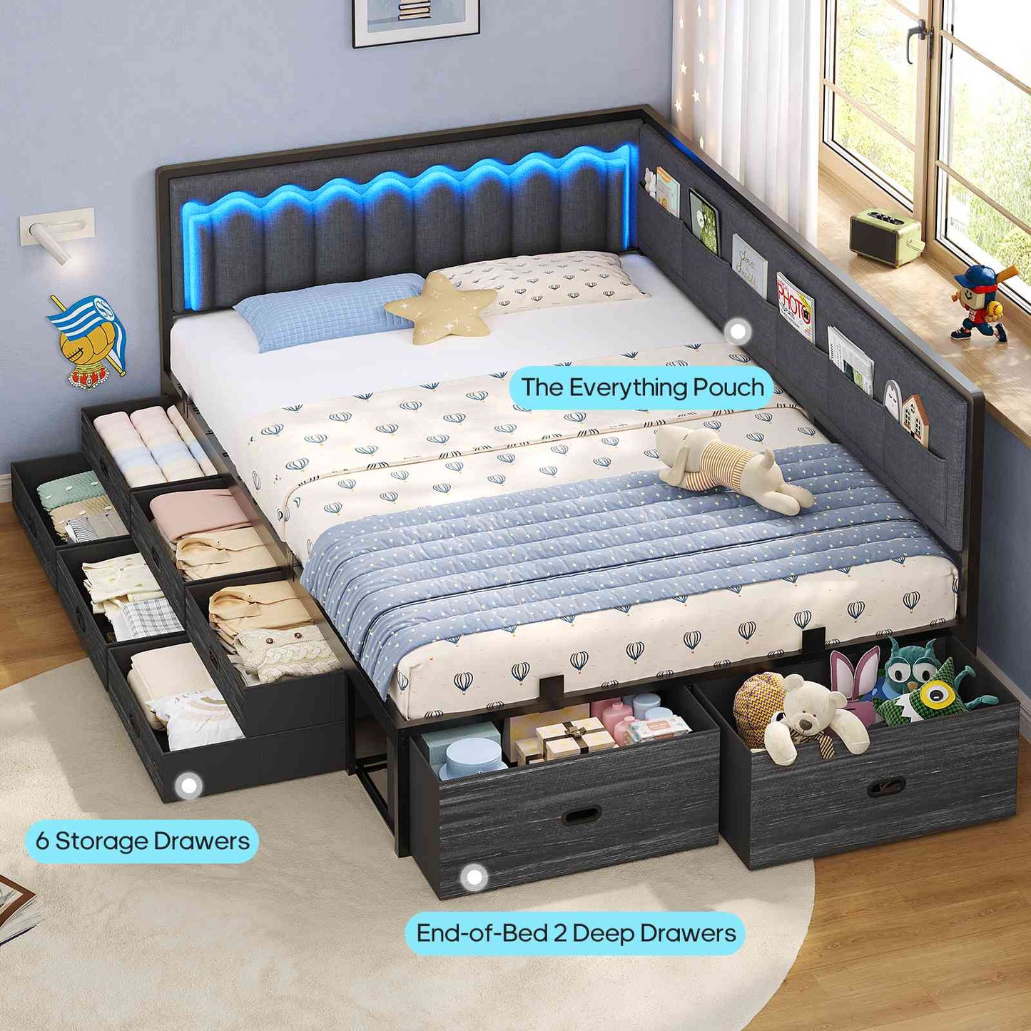 ADORNEVE Full Corner Bed Frame with 8 Drawers and 6 Storage Kids Teen Daybed with RGB Lights and L-Shaped Upholstered Guardrail