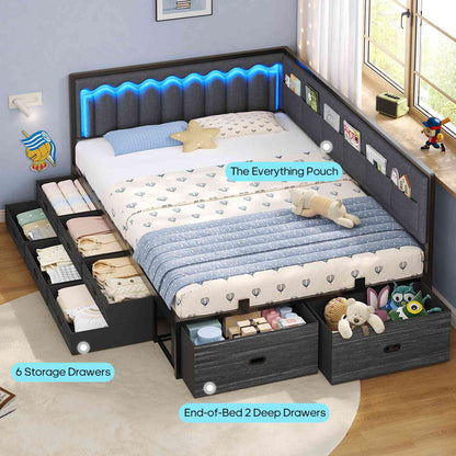 ADORNEVE Full Corner Bed Frame with 8 Drawers and 6 Storage Kids Teen Daybed with RGB Lights and L-Shaped Upholstered Guardrail