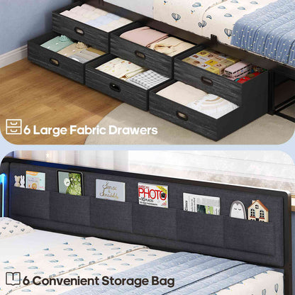 ADORNEVE Full Corner Bed Frame with 8 Drawers and 6 Storage Kids Teen Daybed with RGB Lights and L-Shaped Upholstered Guardrail