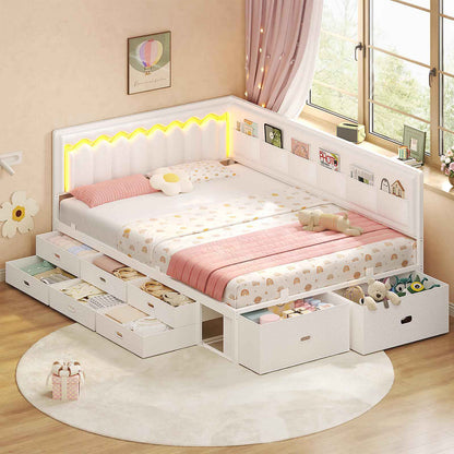 ADORNEVE Full Corner Bed Frame with 8 Drawers and 6 Storage Kids Teen Daybed with RGB Lights and L-Shaped Upholstered Guardrail
