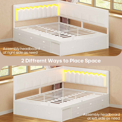 ADORNEVE Full Corner Bed Frame with 8 Drawers and 6 Storage Kids Teen Daybed with RGB Lights and L-Shaped Upholstered Guardrail
