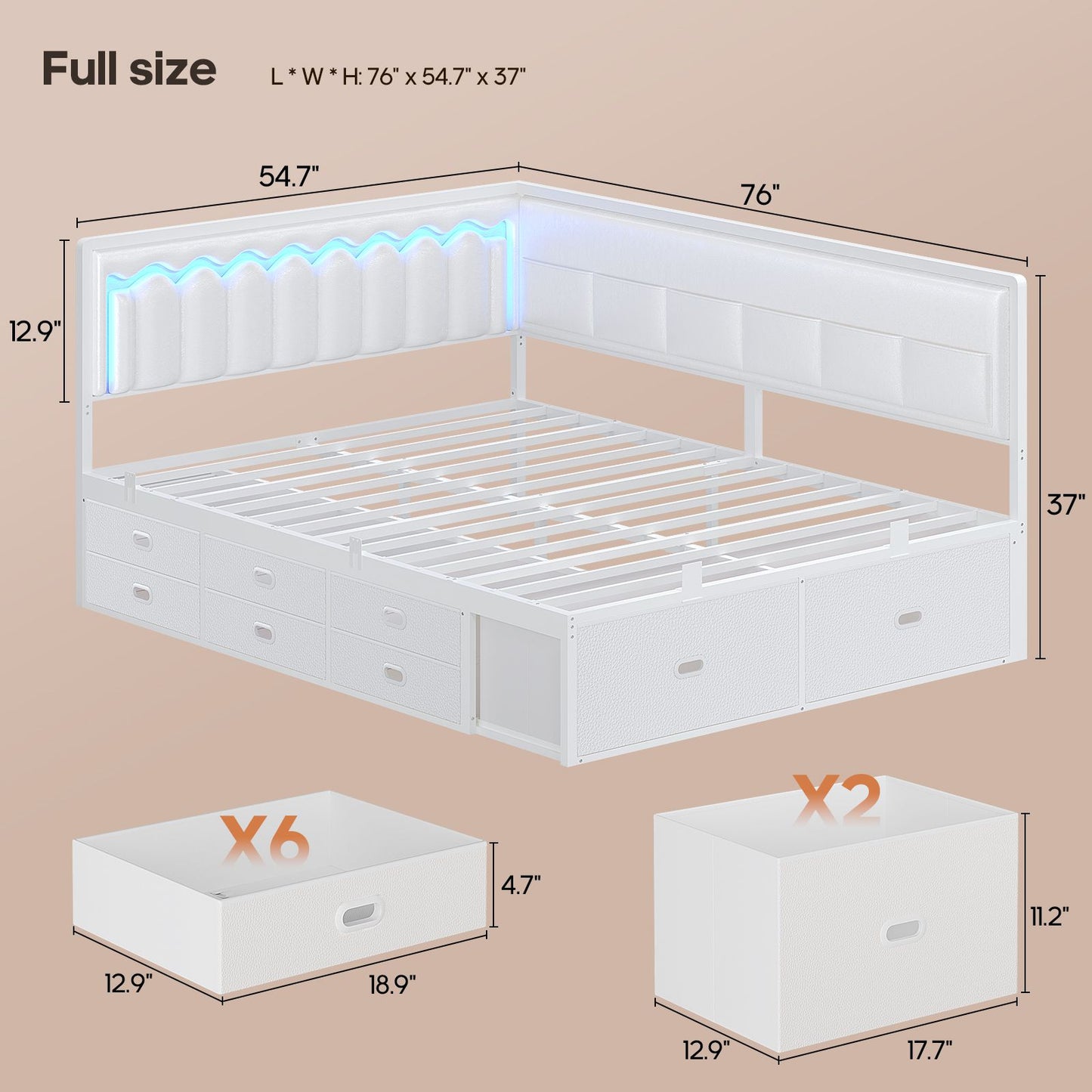 ADORNEVE Full Corner Bed Frame with 8 Drawers and 6 Storage Kids Teen Daybed with RGB Lights and L-Shaped Upholstered Guardrail